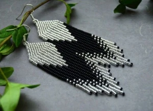 Tribal Earrings Native Large Boho American Seed Beads Handmade Earring - Picture 1 of 8