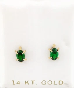 LAB CREATED EMERALD TURTLE STUD EARRING 14K GOLD - New with Tag - SCREW BACKS - Picture 1 of 7