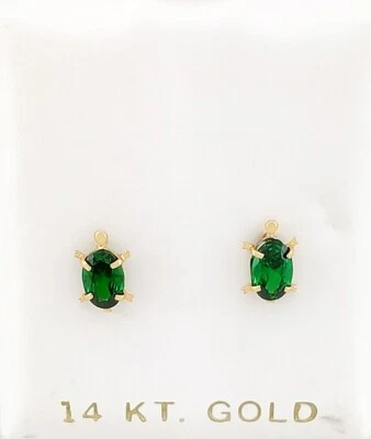 LAB CREATED EMERALD TURTLE STUD EARRING 14K GOLD - New with Tag - SCREW BACKS - Image 1 of 4