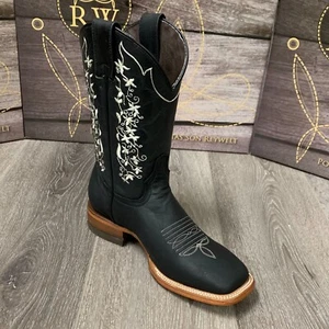 WOMEN'S WESTERN RODEO SQUARE TOE COWGIRL WITH FLOWERS ON SHAFT TAN AND BLACK 071 - Picture 1 of 10