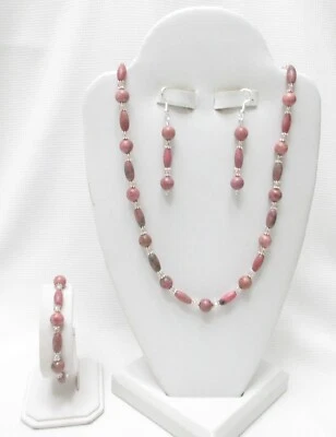 NEW-4 PC RHODONITE NECKLACE, BRACELET & EARRINGS JEWELRY SET-VERY PRETTY - Image 1 of 2