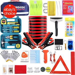 142 Pc Roadside Emergency Kit Jumper Cables 8 Ft Winter Car Essentials Emergency - Picture 1 of 12