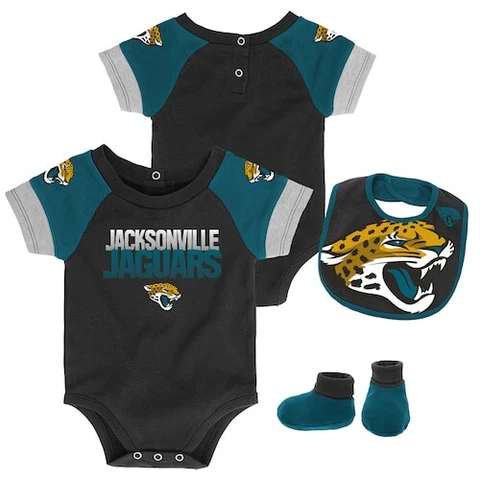 Jacksonville Jaguars NLF Baby 50 Yard Dash Bodysuit, Bib & Booties Set, 12 Mo Cover
