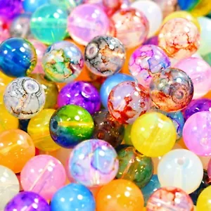 6mm Premium Glass DRAWBENCH BEADS Round Drizzle Marble Pattern Craft Pack of 130 - Picture 1 of 50