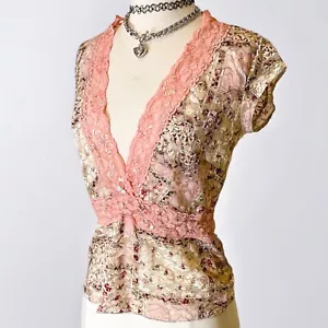 Rampage Y2k Floral Fairy Lace Top Sheer Sequin Bling Pink Earthy Coquette VTG M - Picture 1 of 15