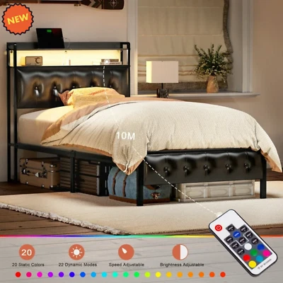 Marco De Cama Plataforma Tapizada en PU Piel Cama TWIN Size Cabecera LED Black - Image 1 of 4