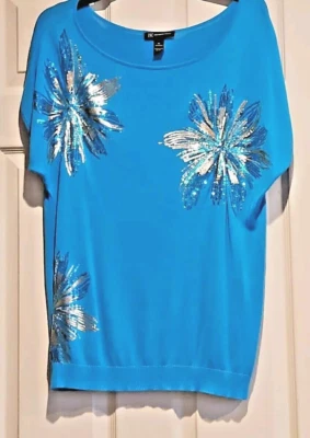 Camisa Top Pullover Tejido Claro SS Años 80 XL INC Honolulu Azul Adornado Con Cuentas Foto 1 de 4