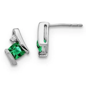 10k White Gold Lab-Created Emerald and Diamond Earrings - Picture 1 of 6