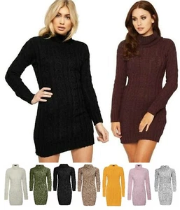 MUJER GRUESO CABLE TEJIDO POLO CUELLO MANGA LARGA SUÉTER CÁLIDO VESTIDO JUMPER REINO UNIDO - Imagen 1 de 16