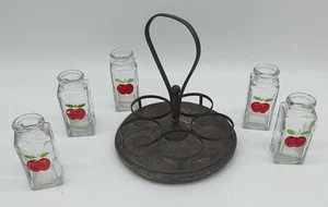 VTG Industrial Metal Caddy Cruet Condiment 5 Glass Cherry Bottles Spins Rotating - Picture 1 of 6