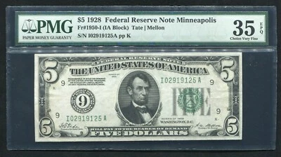 FR. 1950-I 1928 $5 FRN “NUMERICAL GOLD ON DEMAND” MINNEAPOLIS, MN PMG VF-35EPQ - Image 1 of 2