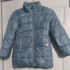 Michael Kors Kids Puffer Coat Faux Fur Hood Winter Jacket Blue Glam Size 6x - Picture 1 of 7