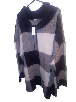 Suéter T By Talbots Para Mujer 3X Buffalo Cuadros Negro Blanco Cordón Capucha Cuello Foto 1 de 4