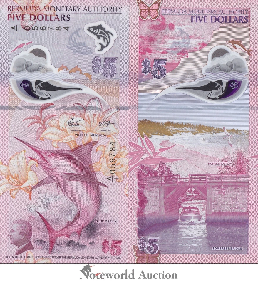BERMUDA 5 Dólares 2024 P 64a Polímero IBNS Año Premio Prefijo A/1 UNC Foto 1 de 3
