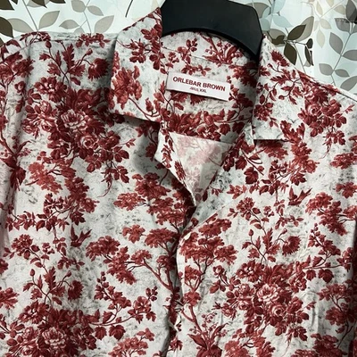 Camisa Orlebar Marrón Para Hombre L Azul Abotonada Floral Pájaro Mezcla de Lino Manga Corta Foto 1 de 4