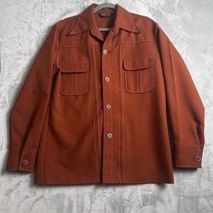 Vintage JC Penny Shirt Mens 42R Brown Solid Shacket Peak Lapel Thick 1970s Disco - Picture 1 of 12