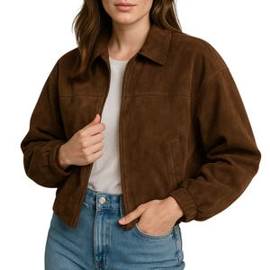 Women's Genuine Suede Leather Jacket - Biker Casual Sheepskin Brown Bomber Coat - Picture 1 of 6