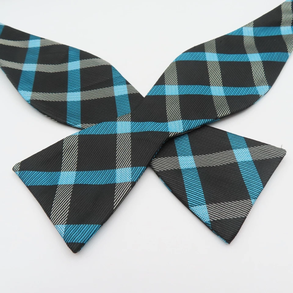J Ferrar Bow Tie Blue Black White Check 2" Wide Self Tie Polyester - Image 1 of 4