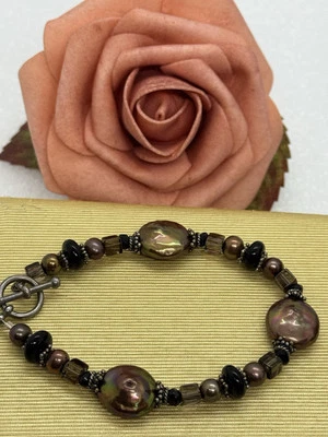 Sterling Silver Brown Pearl Onyx Smoky Quartz Bracelet 7 1/4" - Image 1 of 4