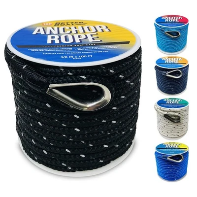 Cuerda de Anclaje de Barco Premium, 100 Pies Doble Trenzado Negro Nylon Línea Marina, 3/8... Foto 1 de 4