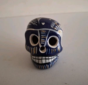 Hand Painted Dark Blue Mexican Ceramic Day of The Dead Skull Small 6x4.5cm - Picture 1 of 16