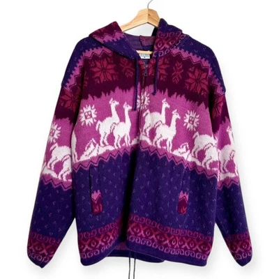 Yari Artesanias Pink and Purple Hooded Alpaca Wool Jacket Unisex Size M - Image 1 of 4