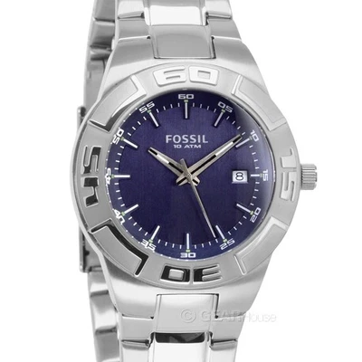 Reloj de buceo informal FOSSIL para hombre 100 m, esfera azul fecha, correa plateada de acero inoxidable Foto 1 de 4