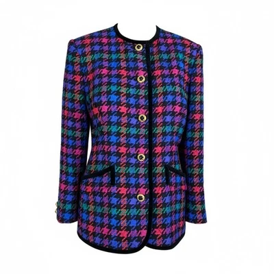 Vintage Carlisle Silk Wool Blazer 80s Houndstooth Velvet Trim Hong Kong Sz 6 - Image 1 of 4
