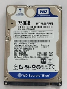 WD7500BPVT-80HXZT3, DCM: EVCTJBB, AUG 2011, Western Digital 750Gb 2.5" SATA HDD - Picture 1 of 2