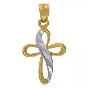 Solid 10kt Two-Tone Gold Mens Women Diamond-Cut Religious Cross Pendant Necklace - Picture 1 of 4