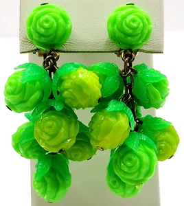 Lemon Lime Green Yellow Molded Plastic Cluster Rose Vtg Clip On Earrings Germany - Picture 1 of 24