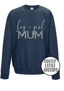 Boy + Girl Mum glitter print airforce blue sweater Mother's day twinning jumper - Picture 1 of 1