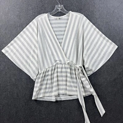 Club Monaco Jadyn 和服上衣女式中号象牙灰色条纹人造裹身蝙蝠翼 — 第 1/4 张图片
