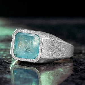 925 Sterling Silver Basic Handmade Rectangle Blue Paraiba Stone Mens Ring - Picture 1 of 4