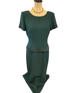 Donna Morgan Evening Dress Womens MOB Forest Green Bead Sequin Sheath Long Sz 8 - Picture 1 of 15