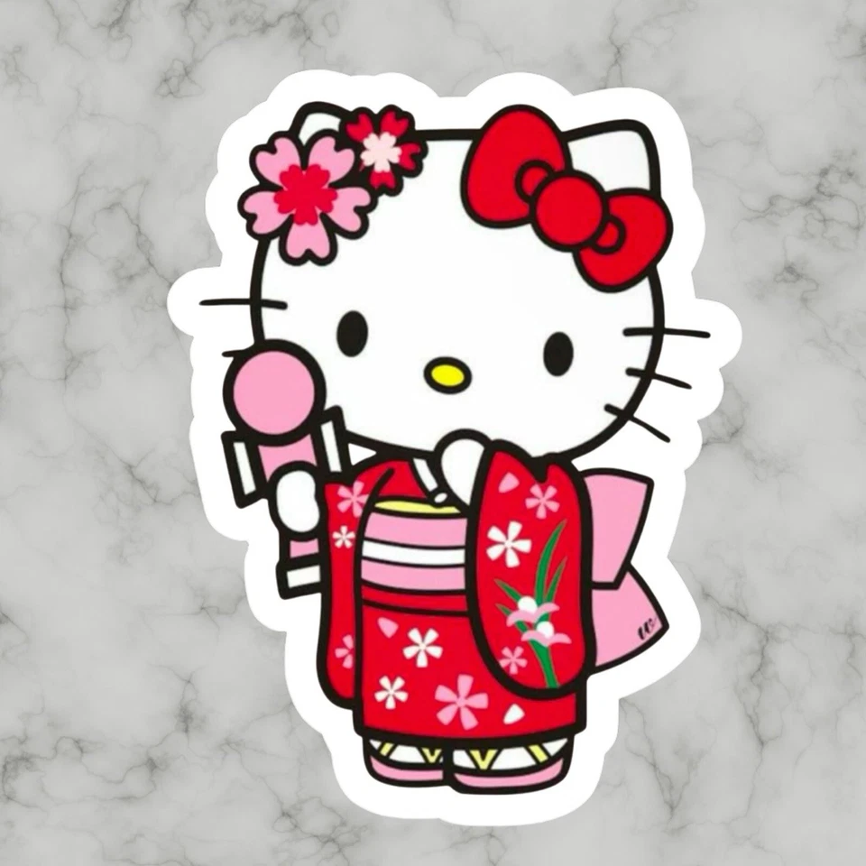 Gatito Gato, Kawaii Lindo Kimono Japonés Adorable Hola Brillante Vinilo Adhesivo Calcomanía Foto 1 de 2