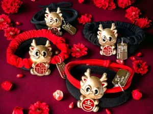 Lunar Chinese New Year 2024 Year of Dragon Red Black Gold Hair Tie Hair scrunchi - Picture 1 of 6