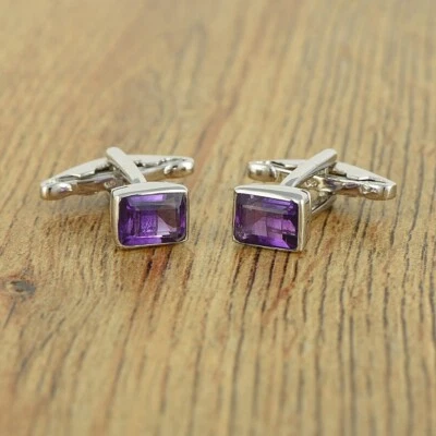 Gemelos de plata de ley 925 con piedras preciosas de amatista natural para regalo del día del padre Foto 1 de 4