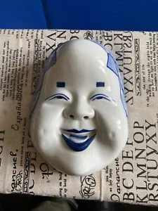 Vintage Japanese Blue and White Porcelain Folk Mask 7.25” X 5.5” - Picture 1 of 11