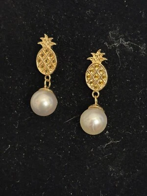 Pearls And Pineapples: Repurposed Mikimoto Pearls In A Gold Plated Pineapple Set - Image 1 of 4