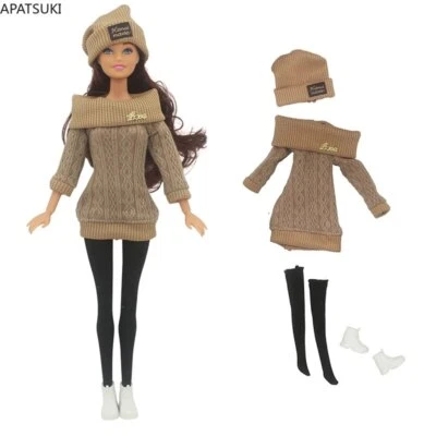 Braun gestrickt Pullover Strumpf Schuhe Hut Kleidung Set für Barbie-Puppe Outfit