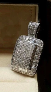 2Ct Lab Created Diamond Round Dog Tag Pendant 14K White Gold Plated Silver Chain - Bild 1 von 5