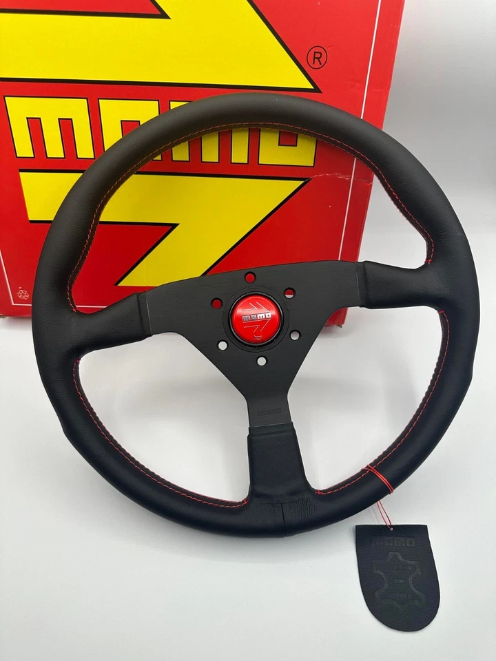 NEW MOMO Monte Carlo 350mm Leather Steering Wheel Red Horn Red Stitch - Image 1 of 4