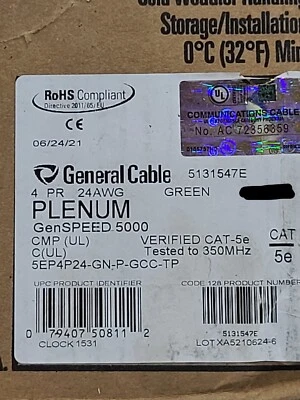 Cable de red General Cable GenSPEED 5000 24/4P Cat5E UTP Plenum CMP verde/100 pies Foto 1 de 4