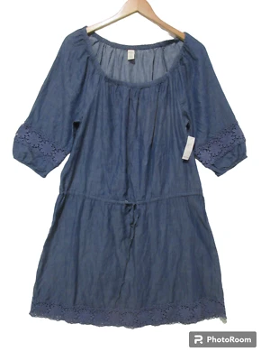Sz L NWT Old Navy Blue Chambray Shirt Tunic Dress Balloon 3/4 Sleeve Peasant Top - Image 1 of 4