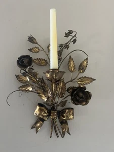 Florentine Floral Bouquet Bow MCM Gold Gilt Tole Sconce Italy - Picture 1 of 6