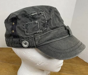 Distressed Black Military Cadet Cap Cotton Button Detail Army Style Hat Y2K - Picture 1 of 15