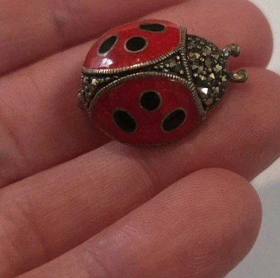 Vintage Sterling Silver 925 Enamel Marcasite Lady Bug Brooch Pin I#188a - Image 1 of 4