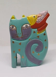 Laurel Burch Style whimsical cat with bird wooden sculpture handmade - Picture 1 of 7