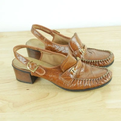 Vintage 70s 9 N Shoes Loafers Slingback Mules Preppy Academia Retro Chunky Heel - Image 1 of 4